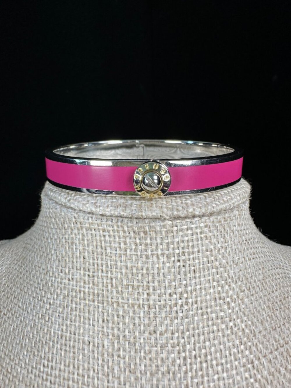 Henri Bendel Hot Pink Enamel Hinged Bangle Silver Logo Bracelet